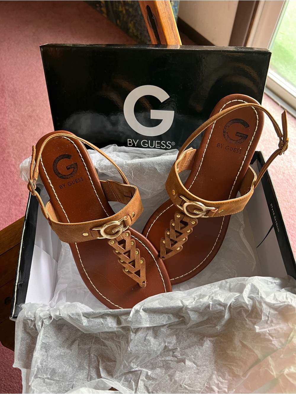 G by Guess Tan Brown T-Strap Sandals with Gold Accents